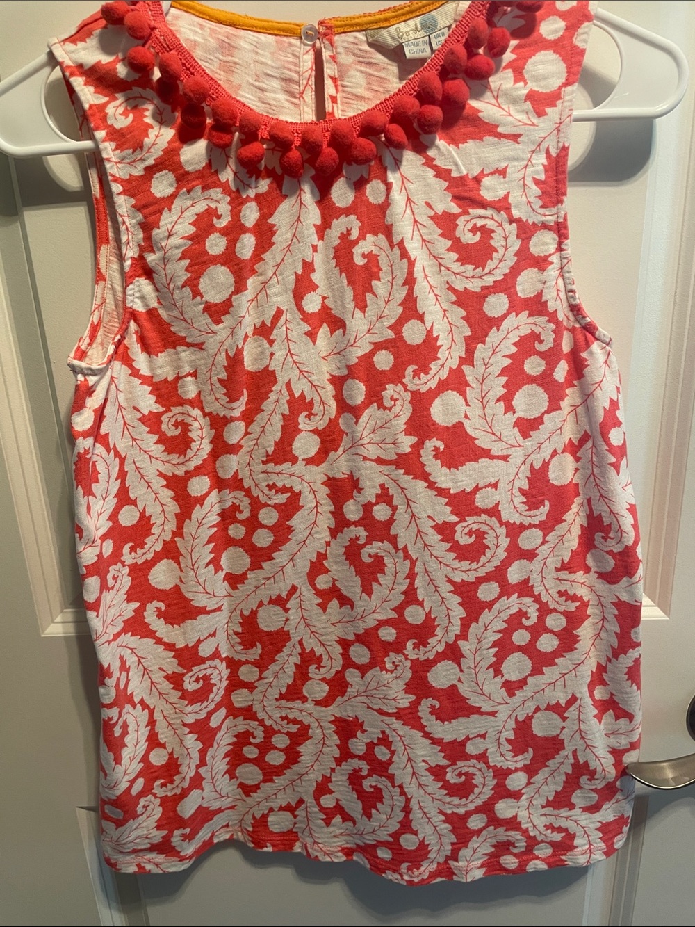 Boden Coral Pink and White Pom-Trim Sleeveless Tank